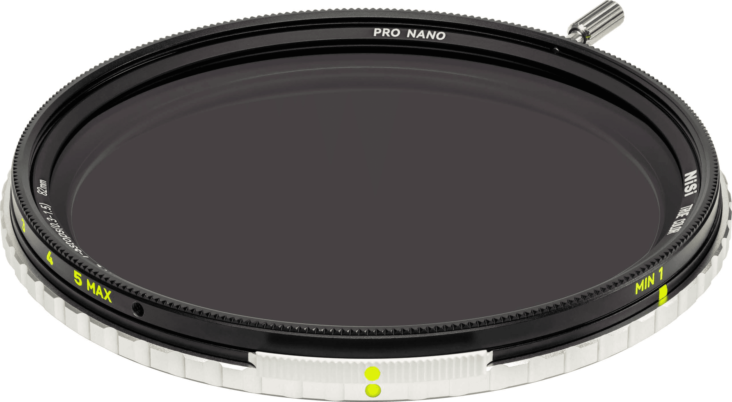 Filtro NiSi True Color VND/PL 1-5 stops 67mm de frente, anel prateado do polarizador e marcações luminescentes