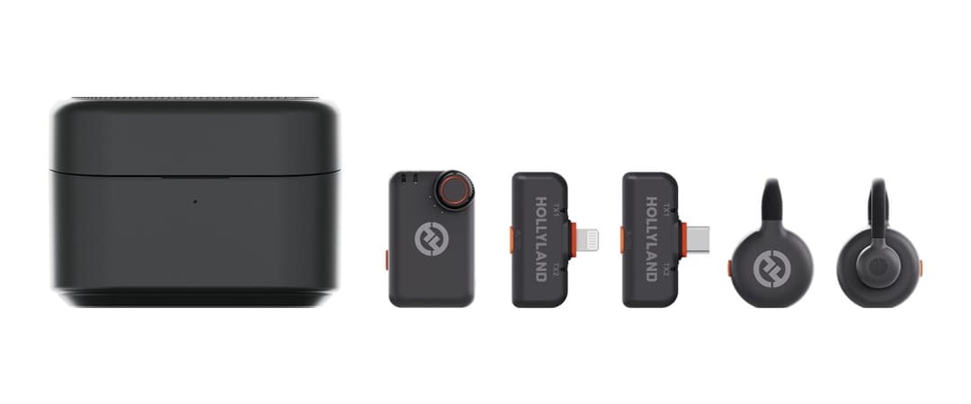 Componentes Hollyland Lark M2S (case, RX câmera, RX Lightning, RX USB-C e transmissores) em fundo claro